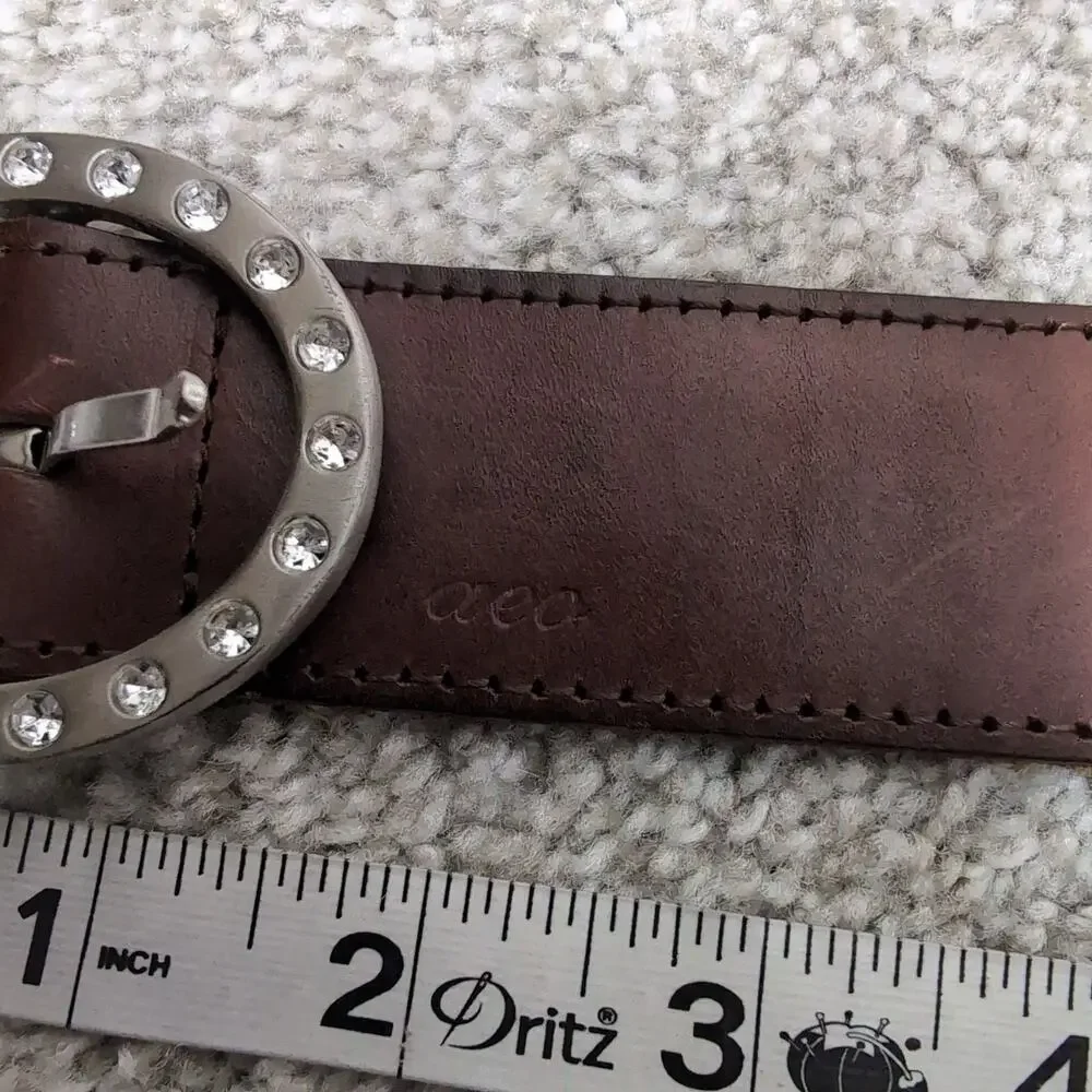 Brown Leather Belt Rhinestone Buckle Western